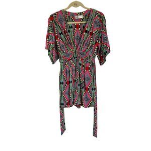 T Bags Los Angeles Romper Womens Small Multicolor V-Neck Tie Sash 70s Bohemian